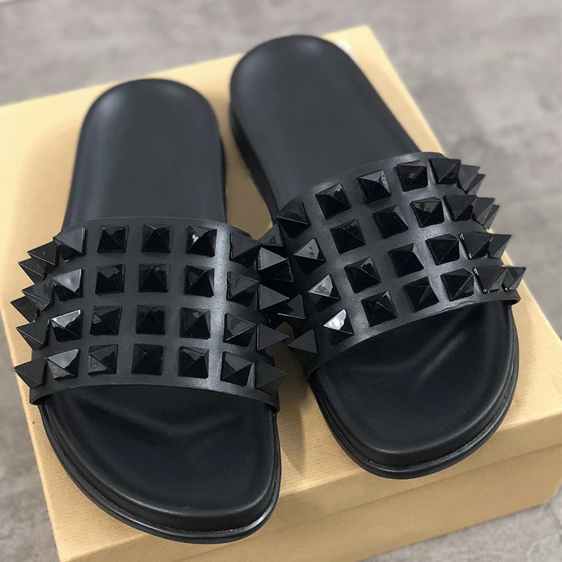 mens designer shoes Red Bottom Spikes Slippers Genuine leather Sandals  luxury Summer Flat flip flops Large size| | - AliExpress