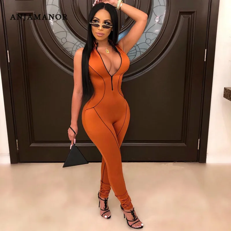

ANJAMANOR Zipper Striped Sleeveless Bodycon Jumpsuits for Women 2019 Plus Size Sexy One Piece Club Outfits Rompers D30-AC63