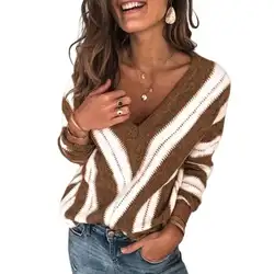 2019 осенний джемпер с длинным рукавом, Модный вязаный пуловер в полоску, Женский Повседневный сексуальный тонкий свитер с v-образным