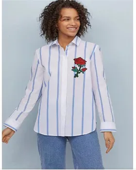 

Women Fashion Casual Shirts Female Comfort Striped Embroidered Pattern Tops Ladies Loose Long Sleeves Simple Shirt Spring New