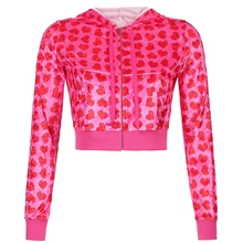 

2021NEW Velvet Heart Print Cropped Top Bomber Jacket Women Autumn Cute Pink Long Sleeve Coats Zipper Winter Y2K 90s Overcoat