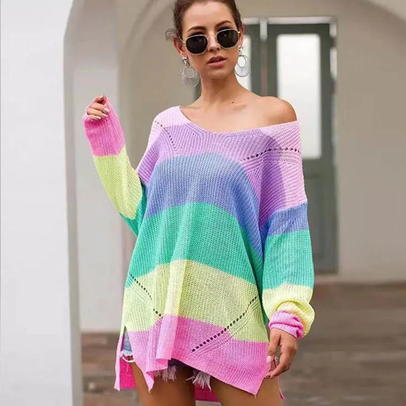 

Rainbow Sweater Off Shoulder Women Casual Pullover Patchwork Knitted Loose Female Jumper 2019 Fall Clothes Women Plus Size