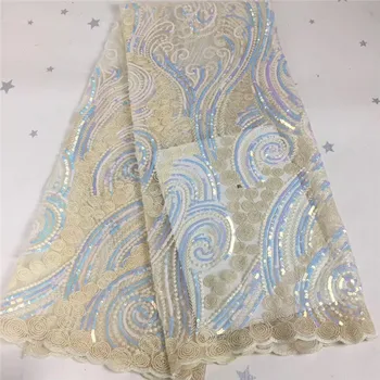 

Beige Embroidery African Mesh Lace Fabrics Sequins Lace Fabrics Flower Pattern Sequence Laces Fabric for Nigerian Net Lace