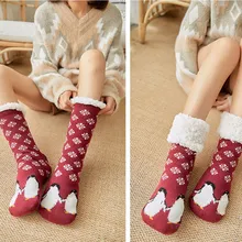 Рождественские модные шерстяные хлопковые зимние теплые носки-тапочки; женские модные милые Носки с рисунком; домашние тапочки для взрослых; нескользящие носки