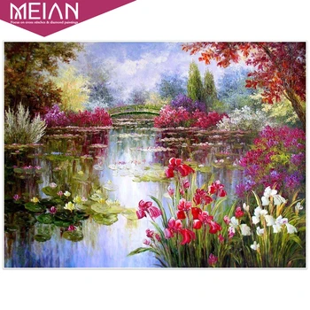 

2020 MEIAN Lake DIY Diamond Painting Full round Water Diamond Embroidery Flowers Diamond Mosaic Scenery Picture Of Rhinestones