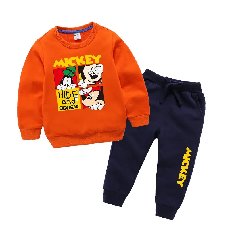 Осенне-зимний детский комплект одежды с Микки Маусом для мальчиков и девочек, хлопковая футболка с длинными рукавами и принтом из мультфильма Топы+ спортивные штаны От 1 до 9 лет из 2 предметов - Цвет: Orange