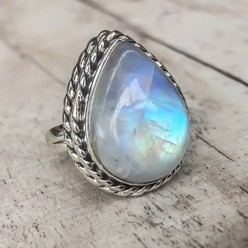 Cellacity, классическое серебро 925, ювелирные кольца для женщин, большие драгоценные камни в форме капли воды, лунный камень, модный аксессуар в стиле панк - Цвет камня: Серебристый