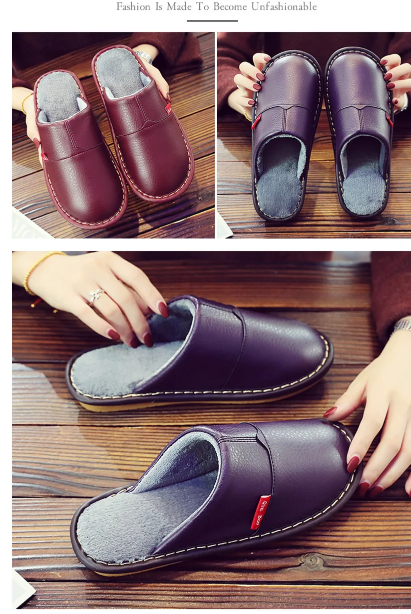 Кожаные тапочки для женщин размера плюс 35-46 удобные домашние тапочки семейная обувь женские меховые тапочки zapato mujer