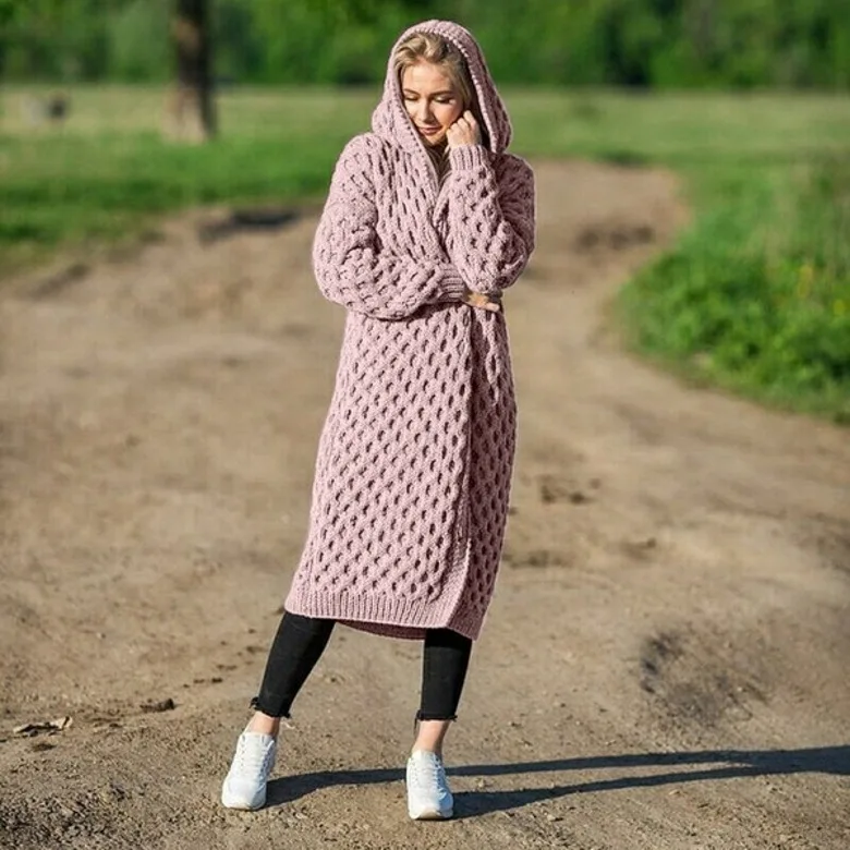 Женская зимняя одежда Свитер оверсайз женский винтажный свободный с капюшоном толстый трикотажный длинный кардиган Женское пальто розовый плюс размер 5XL