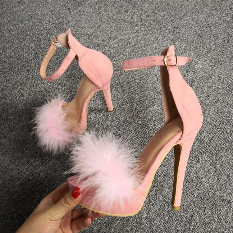 Olomm New Women Platform Feather Sandals Sexy Stiletto Heels Sandals Open Toe Gorgeous Pink Party Shoes Women US Plus Size 5-15