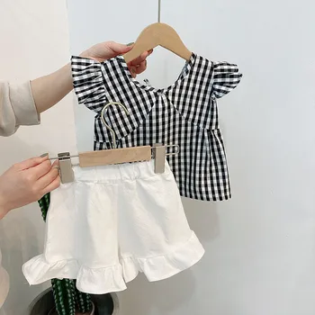 

2020 New Stylish Girls 2 PCS Plaid Set Ruffles Blouse+ Shorts Summer Kids Girls Suits 1-6t