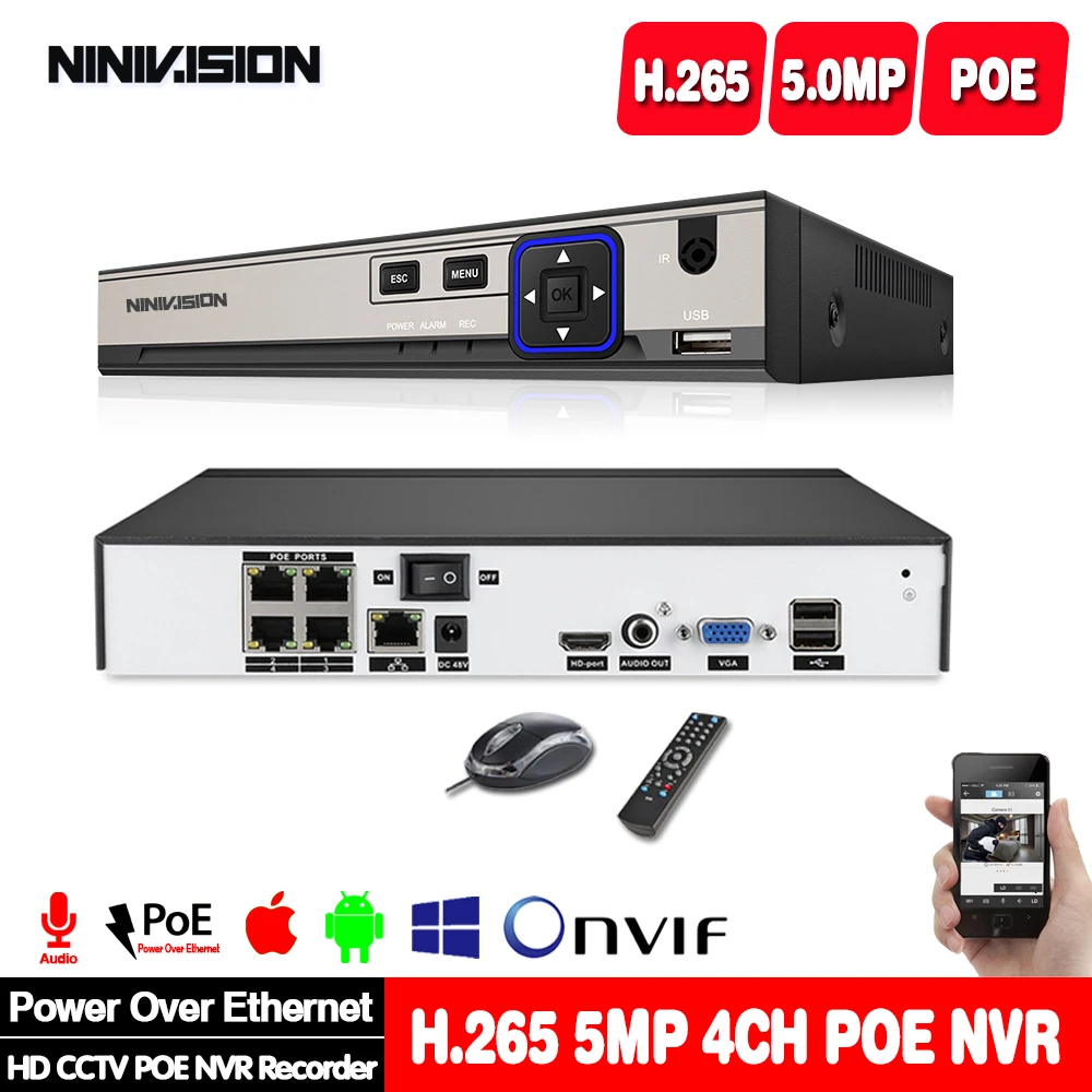  H.265 CCTV PoE NVR 4CH 5MP 8CH 5MP IEE802.3af 48V PoE CCTV Video Recorder For H.265 H.264 IP Camera - 4.00059E+12