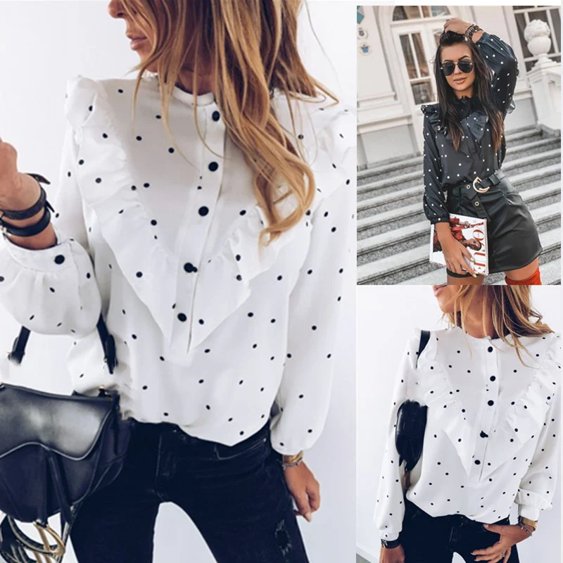 2020 Ruffle Polka Dot Print Women's Blouse O-neck Buttons Long Sleeve Blouses Female Spring Summer Casual Shirt Lady Clothing