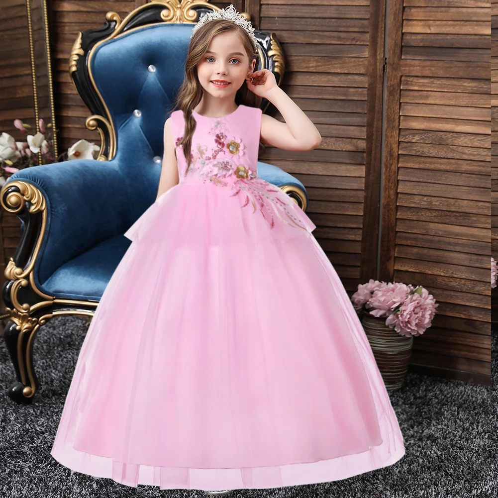 Korean Style Children's Red Wedding Gown Layered Princess Prom Dress For 10Y Three Dimensional Flower Birthday Party |