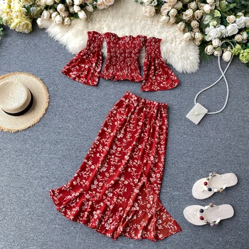 

Women's summer tube top floral chiffon shirt and furcal skirts two-piece set