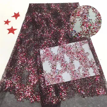 

Free shipping 5 yards/set High quality French net lace withsequins in wine red color for bridal gown!