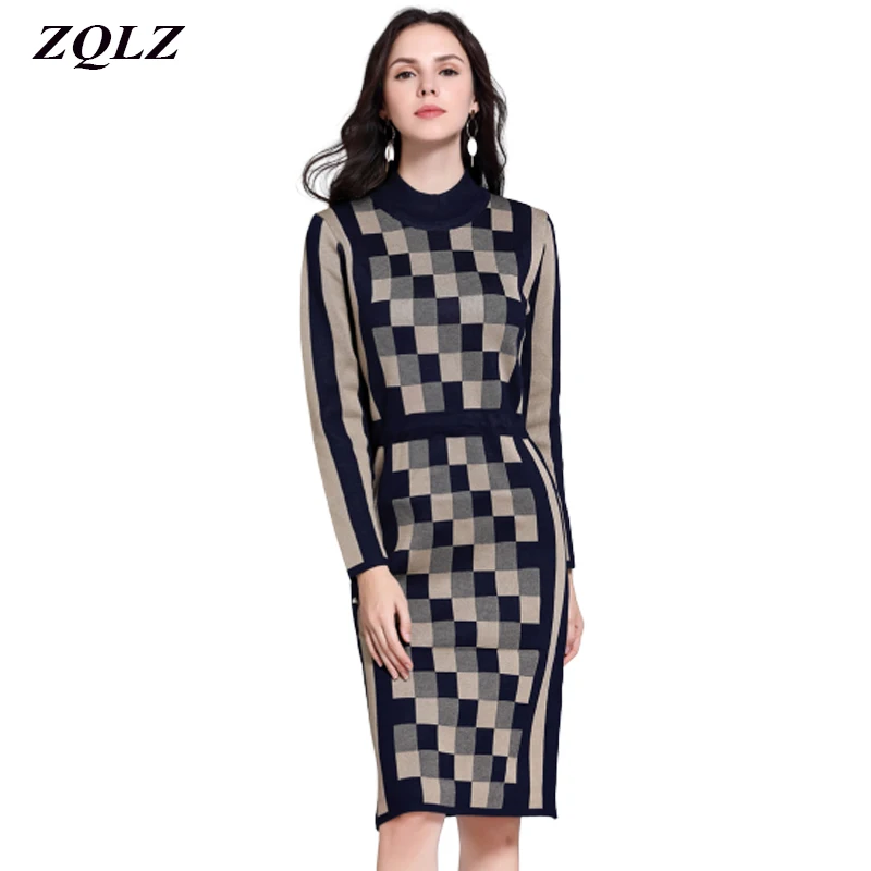 

2019 Casual Plaid Knitting Cotton Dress Spring Autumn Women Clothing O Neck Long Sleeve Bandage Office Dresses Evening Party