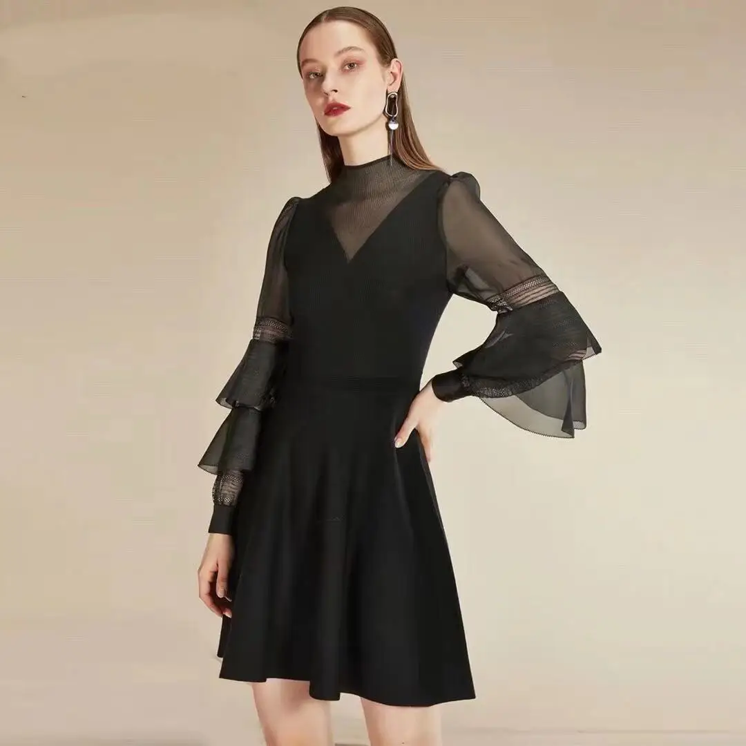 

2019 Autumn and Winter New High Collar Trumpet Sleeve Perspective Stitching Black Knit Dress