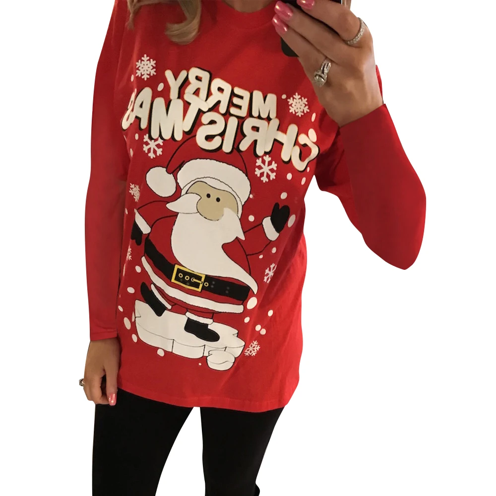 

Christmas Women Tops Santa Claus Print Long Tshirt Women Long Sleeve T Shirt Xmas Friends Party Camiseta mujer Streetwear D30