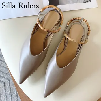 

2020 New Style Ring Slub Pointed Toe Mules Woman Genuine Leather One Strap Sandals Woman Runway Closed Toe Summer Shoes Woman