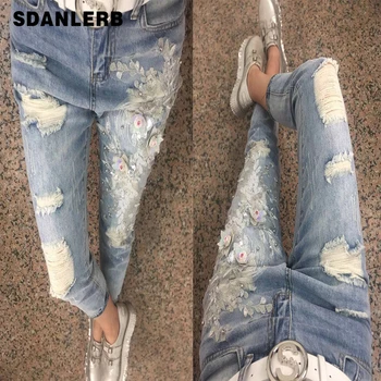 

Luxury Hole New Pants Female Denim Jeans Retro Embroidery Bead Fashion Trends Jeans Light Blue Pants Jeans