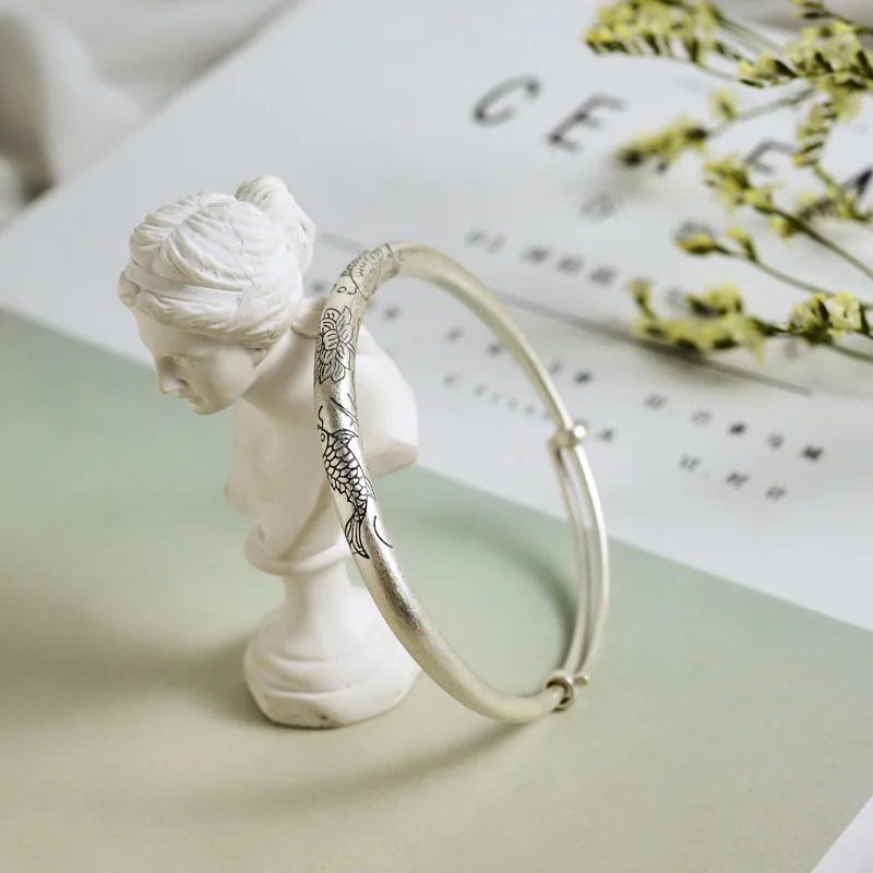 

990 Pure Silver Slidable Double Fish Play Lotus Bracelet Fine Silver Bracelet Retro zuo jiu kuan Handmade Lotus Bracelet