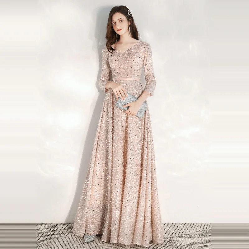 It's Yiiya Evening Dresses Elegant Pink Sequins Evening Dress Long Plus Size Formal Gowns 2020 Shining robe de soiree LF179