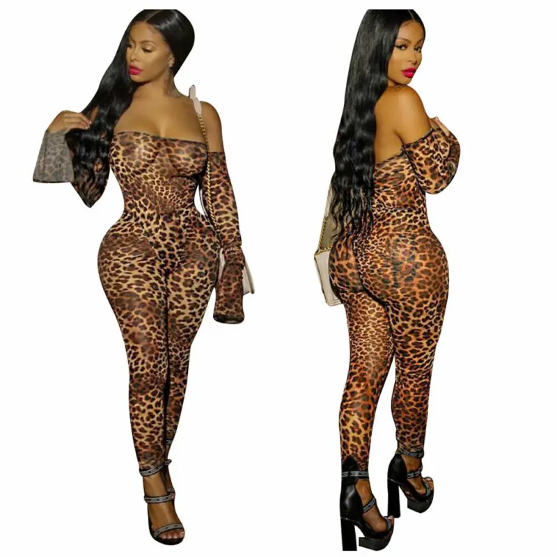 

Women Off Shoulder Jumpsuit Leopard Printed Flare Long Sleeve Romper Strapless Slim Fit One Piece Jumpsuits S-2XL