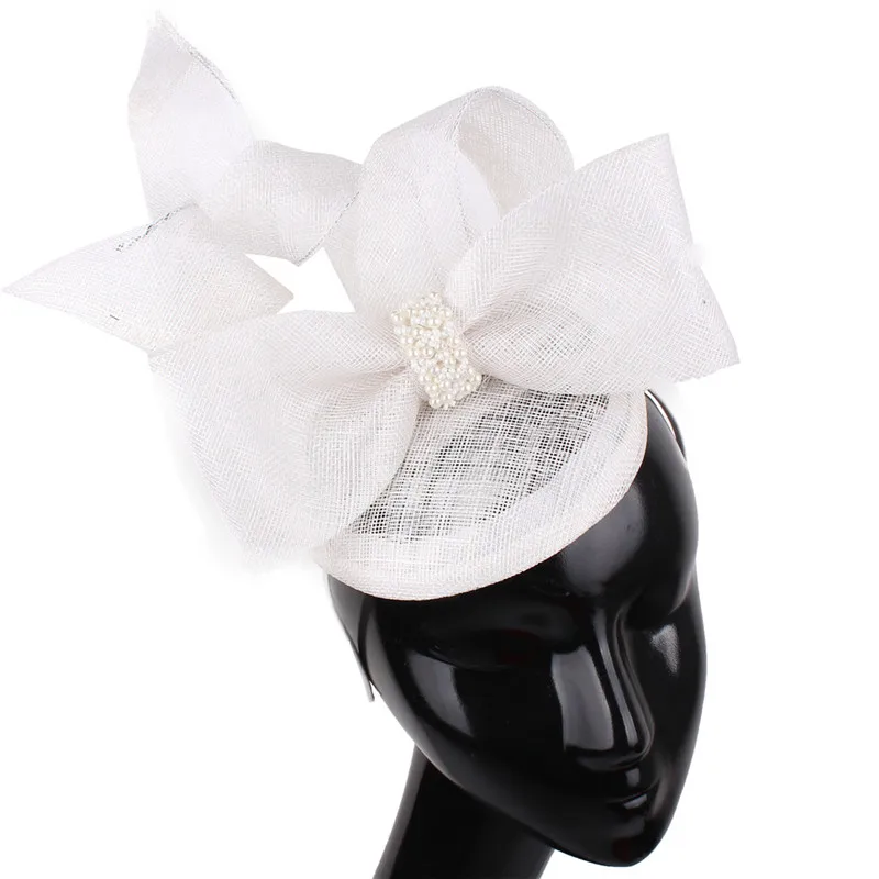 Белый Sinamay, большой бант, millinery, вуалетки для женщин, вечерние, для чая, шляпа для невесты, Для замужней, элегантная, модная, розовая, аксессуары головные повязки - Цвет: Белый