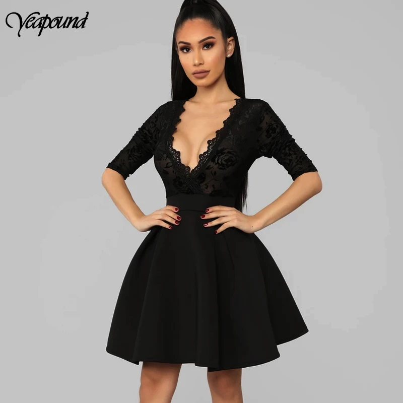 

Perspective Mesh Dress Women Elegant Deep V A-Line Dress Vestido Party Dresses Empire Waist A-Line Dress For Evening And Club