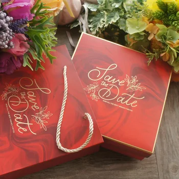 

18.5*18.5*6cm 3set Deep Red Marble Gold Save Date Design Paper Box + Bag As Romantic Wedding Gift Packaging Use