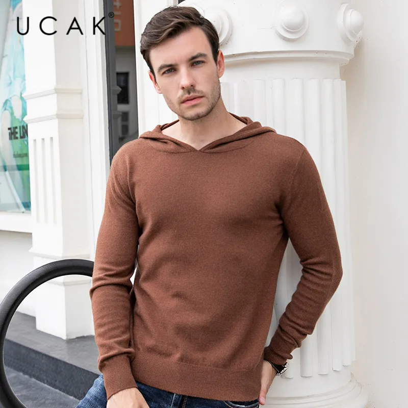 Promo UCAK Brand Sweaters Men 2019 Autumn Winter Casual Pull Homme Pure Merino Wool Hooded Solid Fashion Cashmere Sweater Men U3085