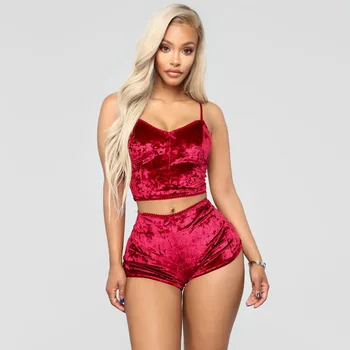 

2 Piece Set Women Sexy Sleeveless Slim Velvet Two Piece Set Top and Pants Tracksuit Sweatsuit Female Club Outfits Clothes