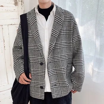 

Winter Short Woolen Coat Men Fashion Casual Retro Thicken Plaid Woolen Coat Male Wild Loose Woolen Jacket Men Overcoat S-2XL