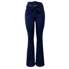 Темно-синие расклешенные джинсы женские Джинсовая ткань брюки винтажная женская одежда осенние брюки с высокой талией джинсы-стретч с поясом