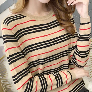 

2020 Limited Cotton Half Long Pullover Feminino Jumper 9460 Real Photo Stripe One Color Round Neck Bottoming Shirt 49