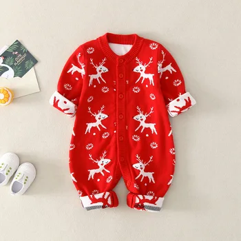 

Autumn Baby Romper Cartoon Deer Long Sleeve Knitted Infant Jumpsuit Overalls Toddler Rompers Christmas Baby Girls Boys Clothing