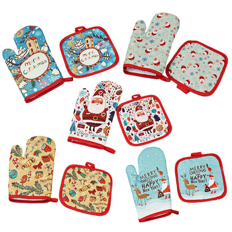 

2pairs Cloth Christmas Microwave Gloves Anti-hot Kitchen Pad Printing Gloves Insulated Gloves Kitchen Oven Baking Tools Gloves