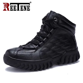 

REETENE Genuine Leather Winter Men'S Boots Casual Plush Shoes Men Winter Hard-Wearing Rubber Boots Men 2020 Men Winter Boots