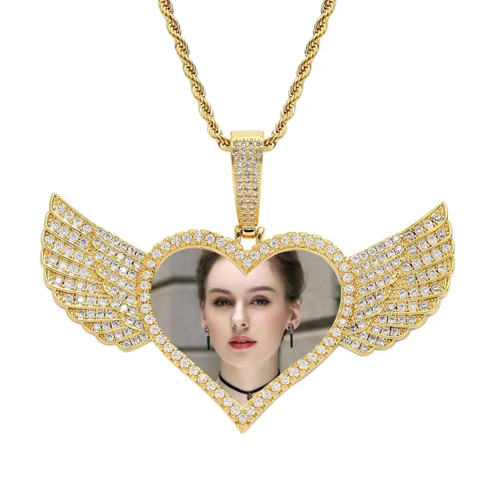 

Lateefah Heart Shape-Angel Wing Custom Photo Pendant Medallion Real Gold Plated Hip Hop Jewelry for Women Men for New Year Gift