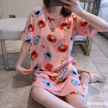 

Lady Pink Cotton Soft Nightgowns Sleepwear Chinese Style Print Cartoon Women's Nightdress Causal Night Dress Home Wear Woman