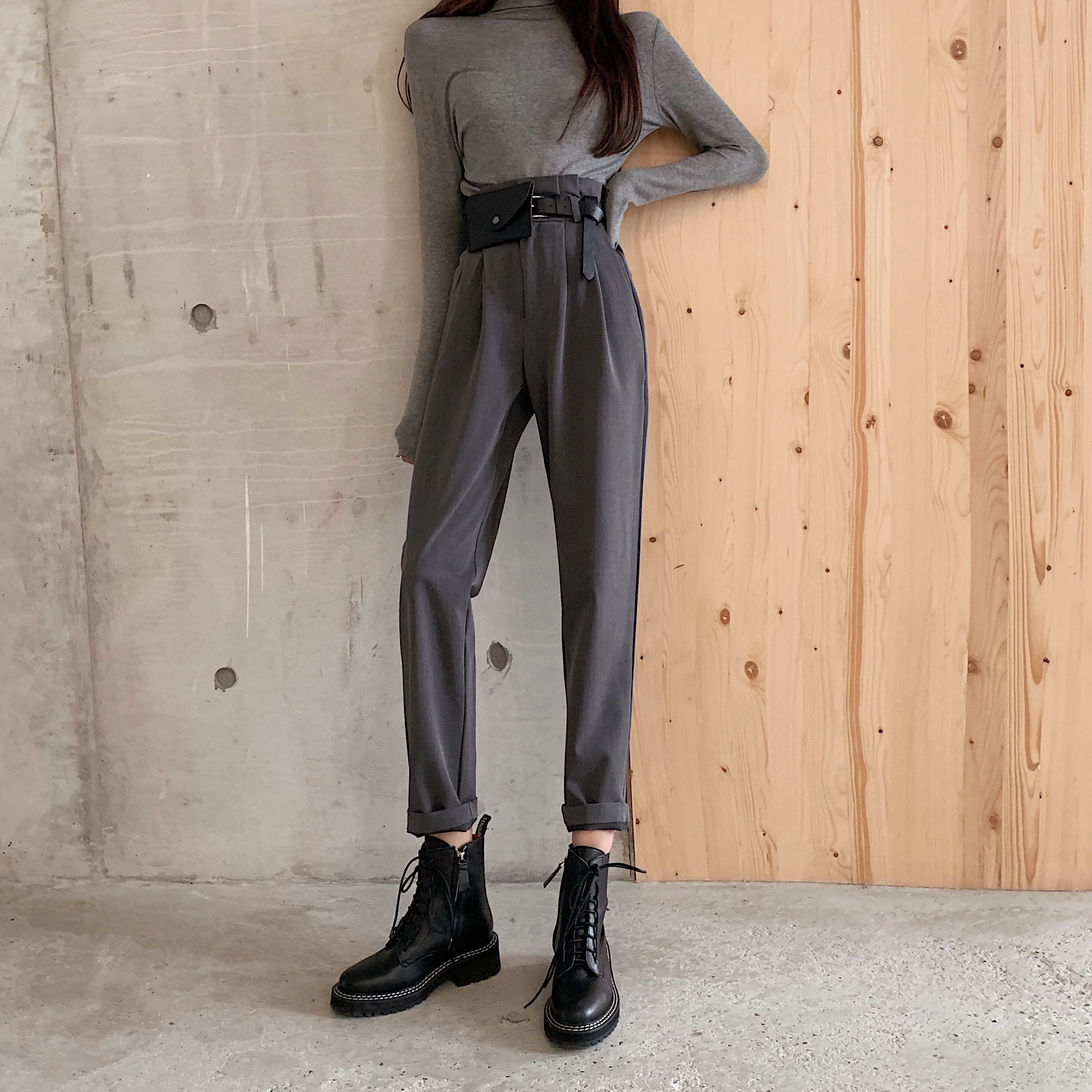 

High Waist Harem Pants Elegant Ol Office Straight Trousers Women Black Grey Work Wear Pants Spring Autumn 2019 Vintage Trousers