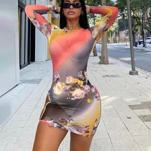 

Summer Women's Sexy Long Sleeve Floral Tie-dye Print Hip Bag Mini Dress Mesh See Through Party Clubwear Bodycon Fashion Dress
