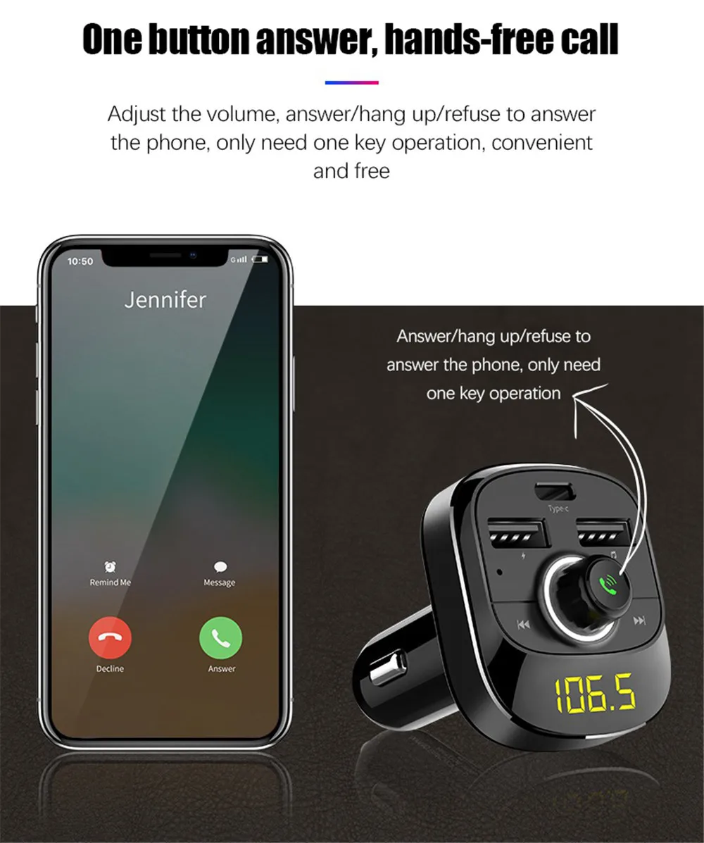 Автомобильный MP3-плеер type-C Быстрая зарядка fm-модулятор Bluetooth USB автомобильный зарядный музыкальный адаптер передатчик приемник аудио плеер T19