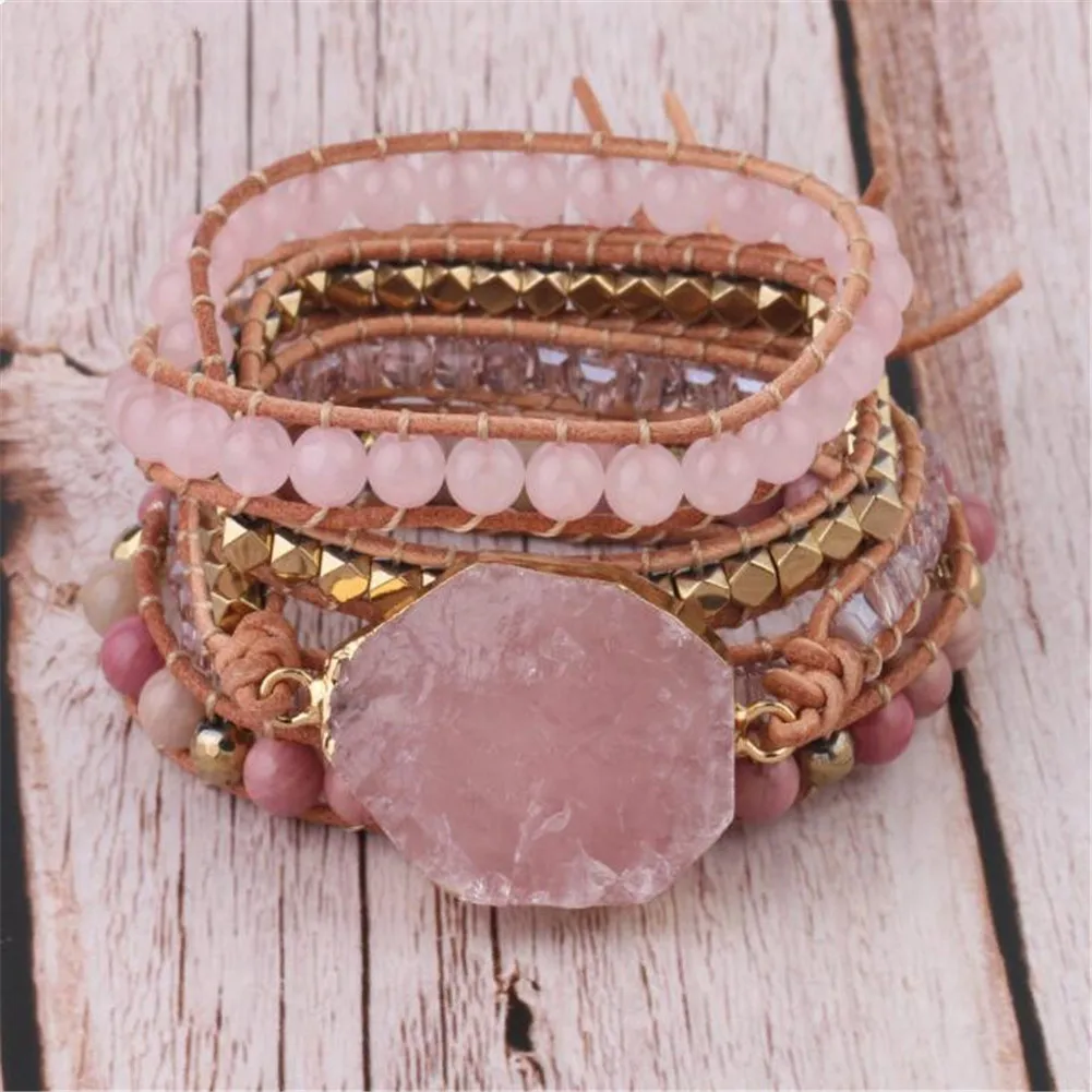 

New Style 3pcs/Lot Rose Quartzss Braided Bracelet with Multiple Loops and Winding Pure Hand-woven Bracelet With Natural Stone