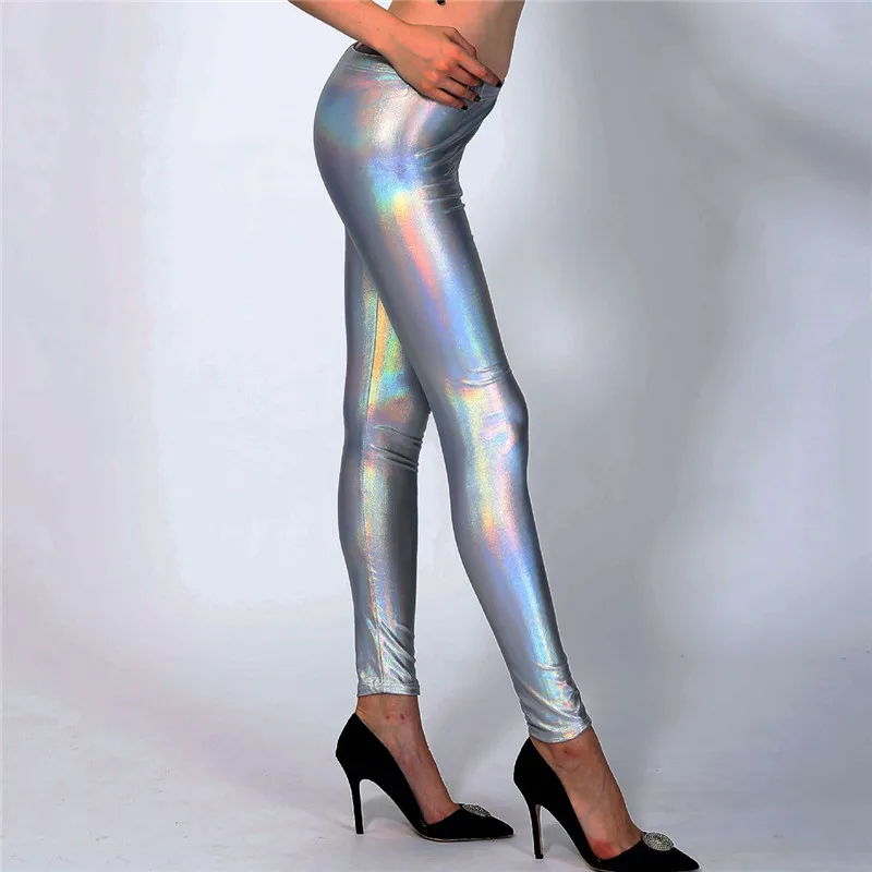 Glitter Holographic Pu Long Pants Rainbow Color Striped Elastic Pencil Pants Sexy Women Skinny Trousers Streetwear Fall