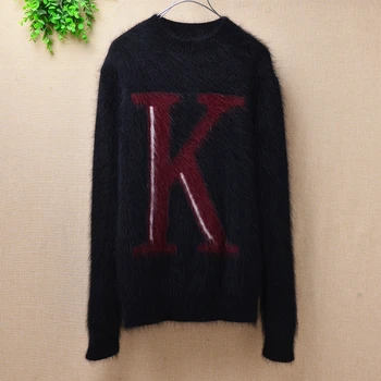 

Femme women autumn winter fashion cute K printing loose mink cashmere long sleeves angora rabbit fur pullover sweater blouses