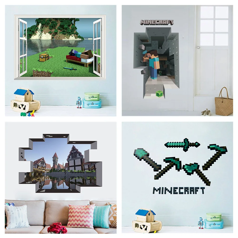

Popular Mosaic Game Minecraft Wall Stickers For Kids Bedroom Home Art Boys Wall Decals Decoration Vivid 3d Window Hole Pvc Mural