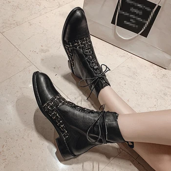 

Round Toe Cross-tied Motocycle Boots Fashion Women Ankle Boots Autumn patchwork Genuine Leather low Heels Shoes Woman size 42 43