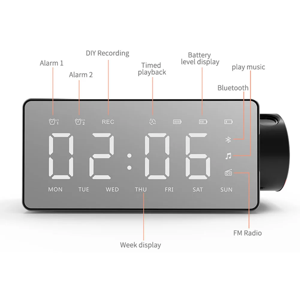 Bluetooth динамик, поддержка карт TF, проекционный будильник, Беспроводная зарядка, светодиодный дисплей, Смарт FM радио, спальня, один щелчок повтора сигнала